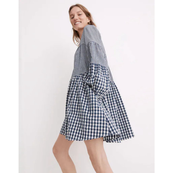 Madewell Dresses & Skirts - Madewell Seersucker V-Neck Gingham Check White Blue Mini Dress Balloon Sleeve L